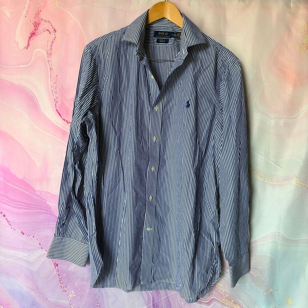 Polo by Ralph Lauren M 16 34/35 Blue Striped Button Down Shirt Preppy Luxury